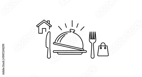 Home food delivery service icon: house, cloche, cutlery, shopping bag, representing takeout and restaurant meals
