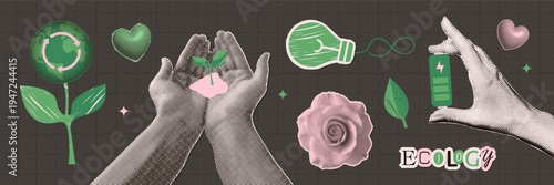 Ecological zero waste lifestyle and sustainability halftone paper elements set. Collage design in trendy dotted pop art style. Hands holding battery, plant with power saving lamp, rose, Earth sprout
