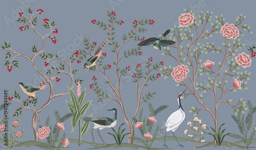 Vintage botanical garden tree, crane, bird, plant floral seamless border. Exotic chinoiserie mural.