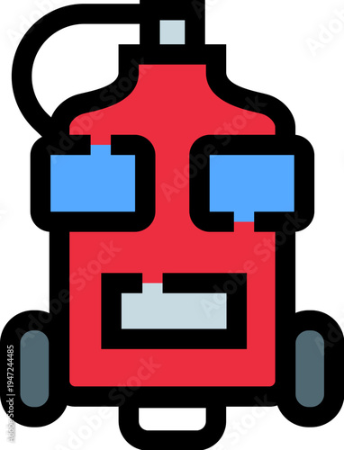 Red wheeled fire extinguisher icon symbolizing emergency preparedness, immediate fire suppression and protection, minimal vector pictogram for safety, alert, prevention and rescue planning