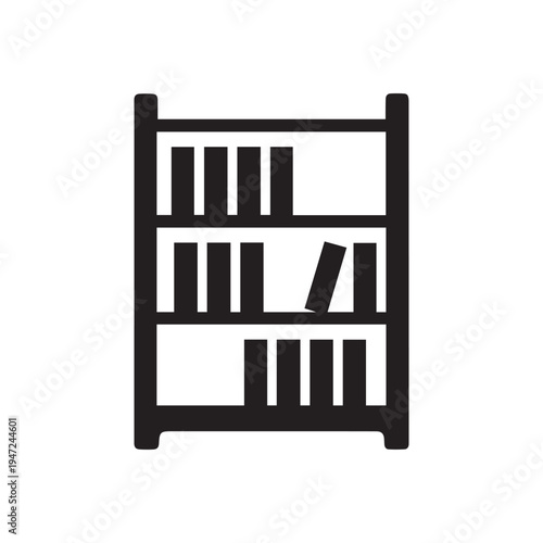 Black and white bookshelf icon with a single tilted book inside
