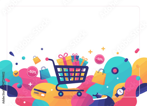 Vibrant flat design e commerce illustration featuring shopping cart gifts and discount sales_EPS10_Stock.eps