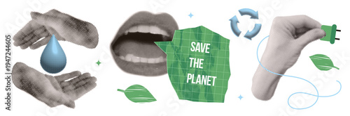 Eco friendly stickers set. Halftone paper collage hands holding plug and drop of pure water, mouth shouting Save the Planet on crumpled paper bubble . Zero waste lifestyle and sustainability. Vector