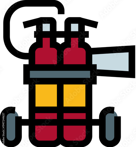 Wheeled fire extinguisher apparatus preparing for emergency situations, providing critical safety, protection, and response equipment against potential hazards in a structured, accessible format