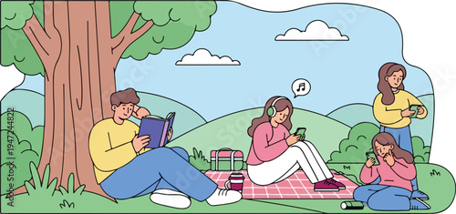 Modern Picnic Lifestyle | Friends Relaxing Outdoors with Technology