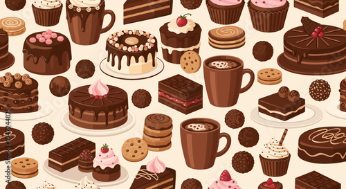 Assorted chocolate desserts and coffee.