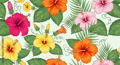Colorful Hibiscus Flowers and Leaves Pattern.