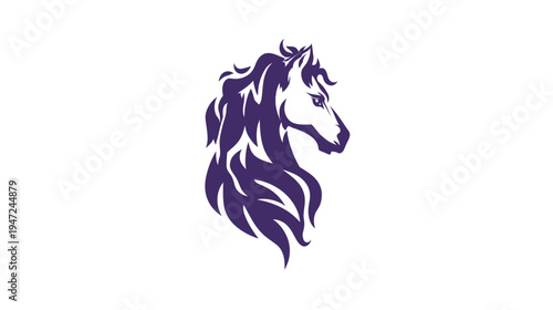 A stylized profile of a horse head in purple, with a flowing mane against a white background