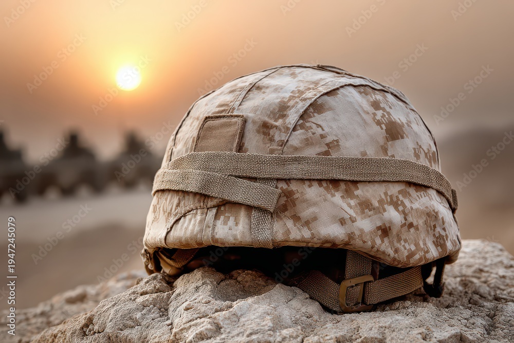 Naklejka premium A military helmet with camouflage pattern rests on a rocky terrain at sunset, with army vehicles visible in the background, symbolizing defense readiness and service.