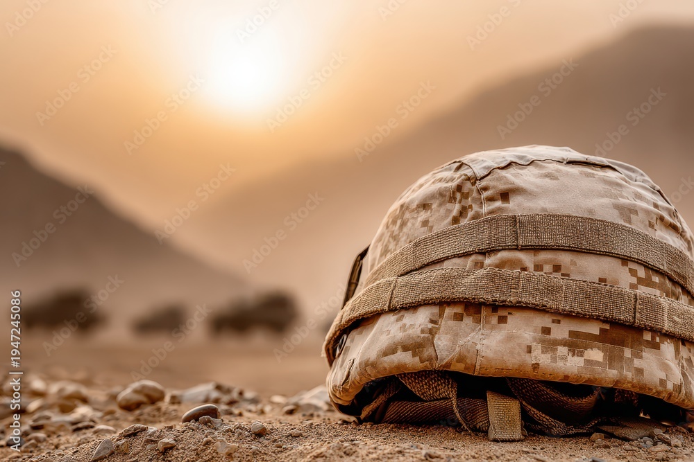 Fototapeta premium Camouflage military helmet lying on desert sand with army vehicles background, with a setting sun illuminating the scene, representing armed forces.