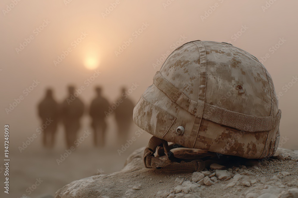 Fototapeta premium A camouflaged army helmet resting on rocks with soldiers silhouetted against a hazy sunset, evoking the solemnity and sacrifice associated with military service.