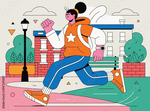 Flat Vector Illustration Of Young Woman Jogging In Urban Park With Backpack Promoting Fitness And Achievement