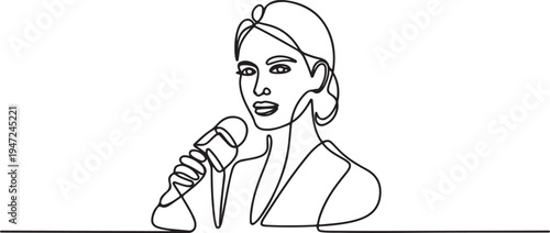 Portrait of a beautiful woman TV presenter. Journalist with a microphone in her hands. Reporter reporting. One line draw graphic design vector