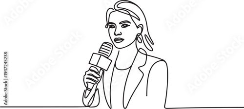 Portrait of a beautiful woman TV presenter. Journalist with a microphone in her hands. Reporter reporting. One line draw graphic design vector