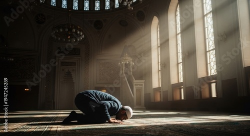 Muslim man praying inside a mosque with light streaming through windows.