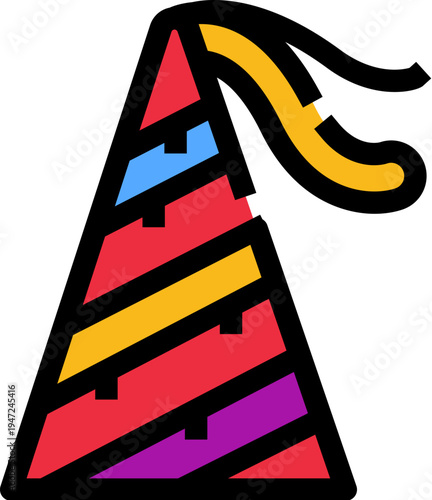Iconic conical party hat displaying vibrant colorful stripes and a curling top ribbon, symbolizing joy, fun, and festive occasions like birthdays and celebrations