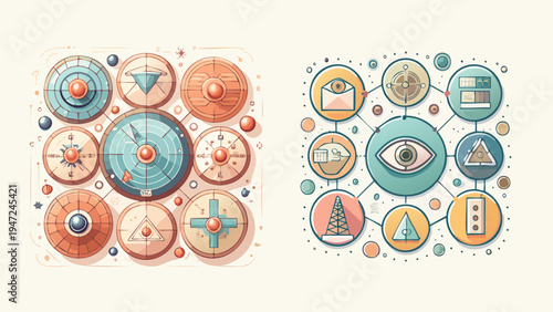 Intricate abstract geometric patterns with interconnected circular elements, visualizing complex systems, data flow, and strategic navigation in a harmonious pastel palette