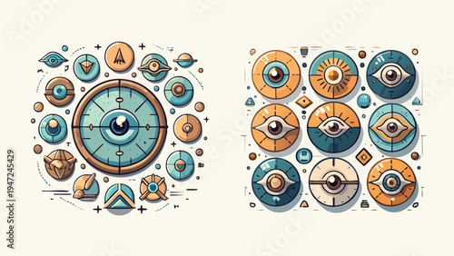 Collection of stylized, abstract eye and target icons with retro color palette on a light background