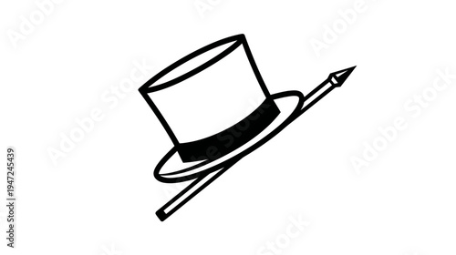 A black and white stylized illustration depicts a top hat and an object resembling a pointer