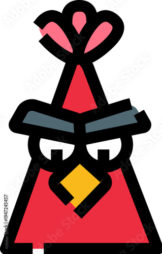 Red bird character with a triangular body and a grumpy expression, representing popular mobile gaming, frustration, and challenging entertainment on a white background