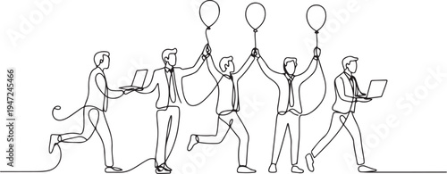 Elegant Line Partnership: Shared Success Elevating Team. Refined lines show partners and team members moving with laptops and balloons.One line draw graphic design vector