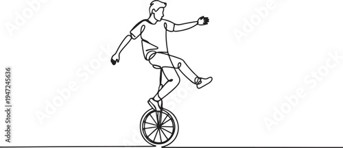Single continuous line drawing a man in casual clothes standing on one leg on the seat of a unicycle. A show of skill and courage. Balance. One line draw graphic design vector