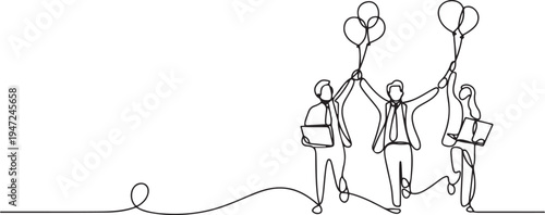 Elegant Line Partnership: Shared Success Elevating Team. Refined lines show partners and team members moving with laptops and balloons.One line draw graphic design vector