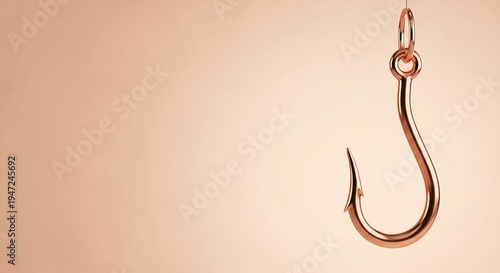 A shiny copper fishing hook hangs from a line against a soft peach background