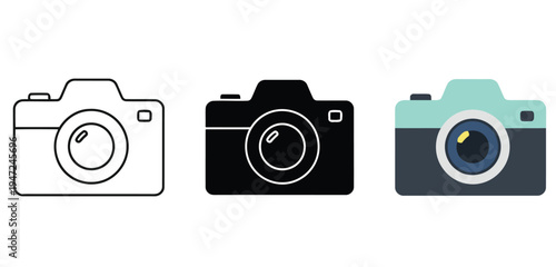 Three stylized camera icons in different color variations for graphic design projects