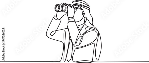 Single continuous line drawing young Arab business man analyze market stock using binocular. One line draw graphic design vector