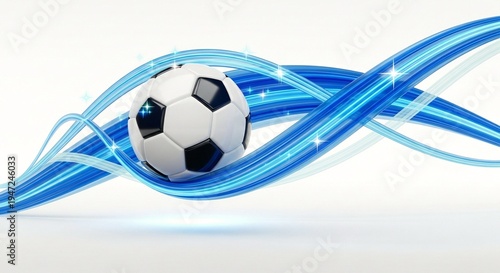 A soccer ball surrounded by dynamic blue swirling lights on a white background