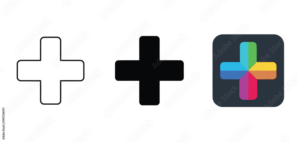 Fototapeta premium Three Different Plus Sign Designs Showing Variations in Style and Color