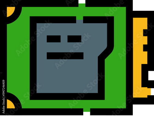 Microchip appearing as a memory card offering data storage and computing power for various electronic devices, representing digital technology and innovation