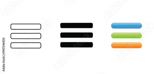 Three Different Horizontal Bar Icons Set With Color Variations Displayed