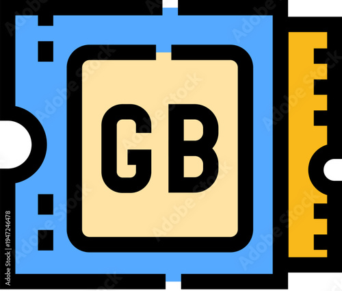 Modern digital information technology icon visualizing a random access memory - ram - module with a gb symbol, representing data storage, computer hardware, and processing power
