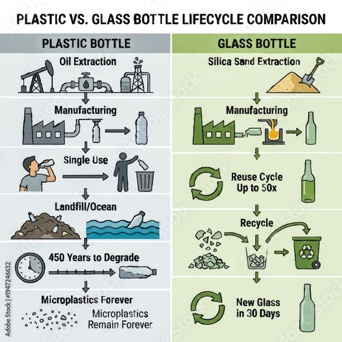 A vector infographic comparing the lifecycle of a single-use plastic bottle to a reusable and recyclable glass bottle. It illustrates the environmental impact from extraction to disposal, 