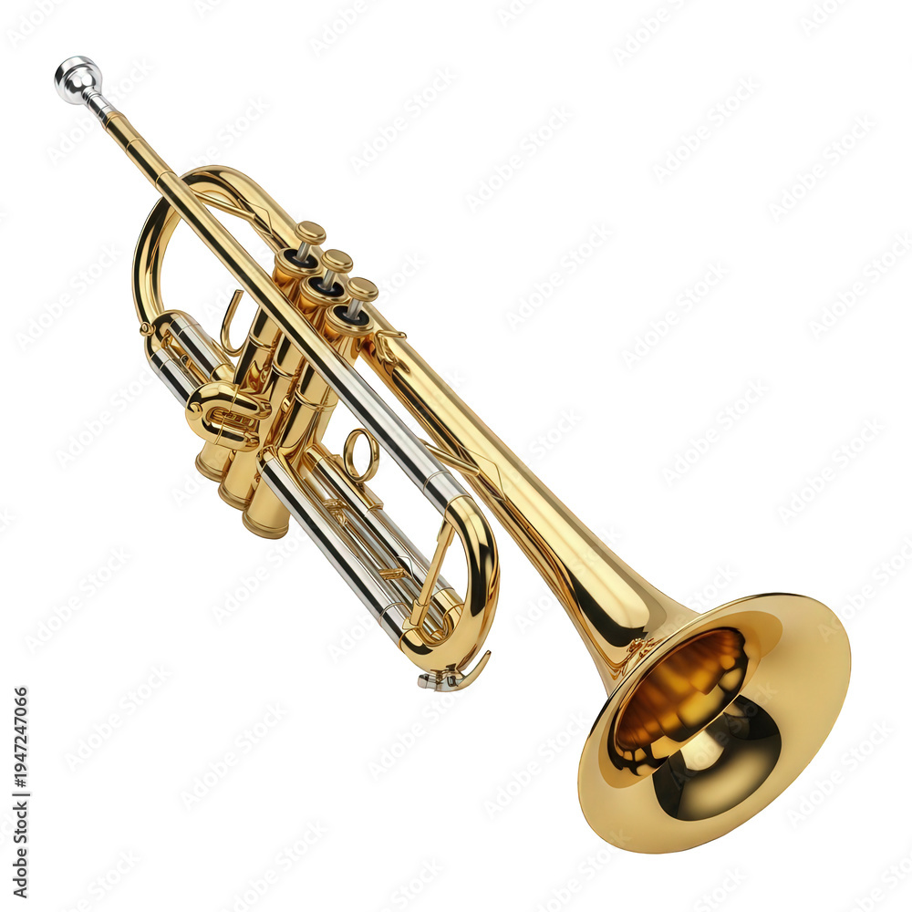 Obraz premium Golden trumpet instrument for music performance and jazz band, isolated on white background