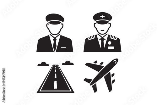 Aviation professional icons and transport symbols including pilot character airplane runway and airline captain silhouette for travel industry flight school and airport navigation graphics
