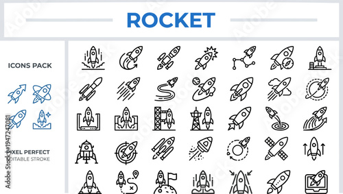 Rocket Launch and Startup Growth Outline Vector Icon Set — Business Progress, Innovation, Strategy and Success Editable Stroke Icons for Web and App UI