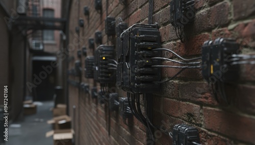 Ultradense urban microcells discreetly mounted on weathered brick walls in a narrow alley main microcell unit in sharp focus with blurred surrounding textures.