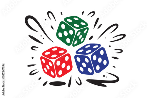 Colorful gambling dice set with motion lines and splashes for casino gaming luck concept board games table entertainment and betting icons including red green and blue dice silhouettes