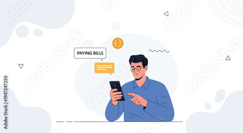 Man Paying Bills Online Using Mobile Phone, Digital Payment Concept