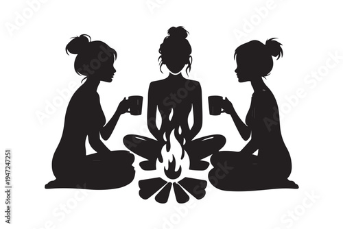 Group of three women silhouette sitting around campfire drinking coffee for outdoor adventure camping trip friendship bonding and feminine retreat storytelling concepts in nature setting