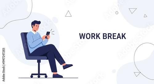 Man on Office Chair Using Smartphone During Work Break, Relaxing and Texting