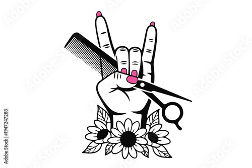 Hairdresser hand making rock on gesture holding barber scissors and comb illustration black and white hand drawn salon logo design with floral flowers element isolated on transparent background