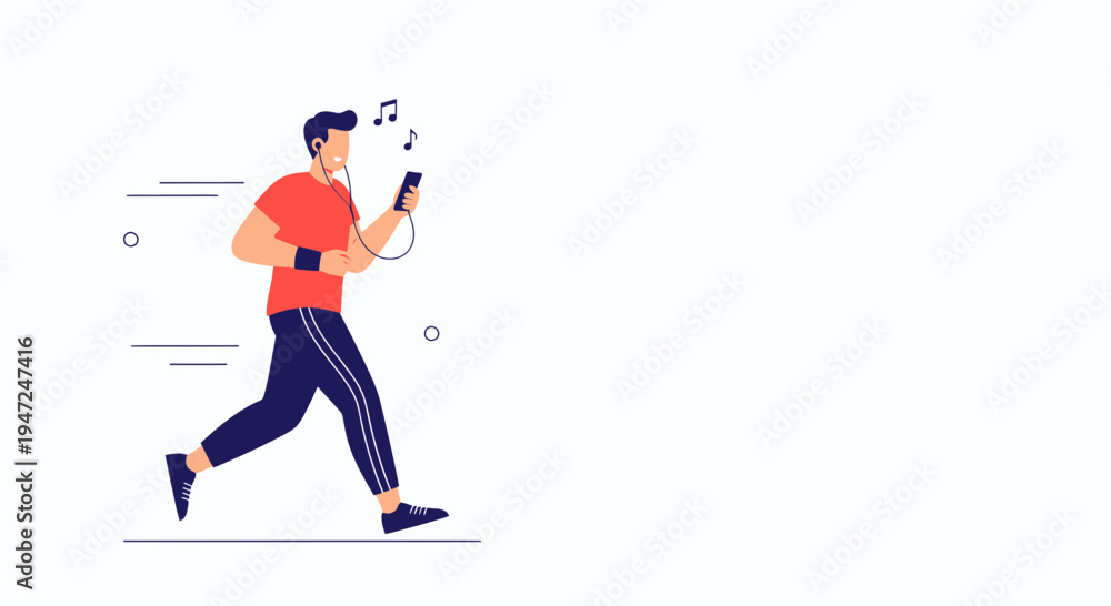 Fototapeta premium Man running with headphones and smartphone, listening to music, fitness and sport concept