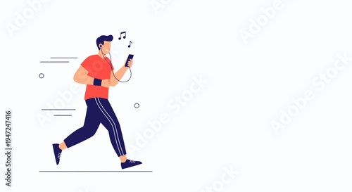 Man running with headphones and smartphone, listening to music, fitness and sport concept