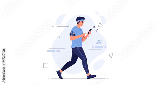 Man running with smartphone and headphones, listening to music, fitness concept