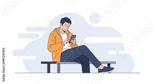 Man sitting on bench using smartphone, illustration, modern lifestyle, casual wear