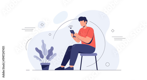 Man sitting on stool using smartphone with wifi signal, modern flat illustration